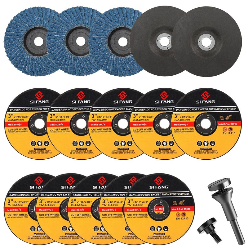 SI FANG 16Pcs 3 inch Cut-Off Wheel Grinding Wheel Flap Discs Kit with 3/8" Arbor 1/4" Stem Mounting Mandrel Die Grinder Accessories Drill Attachment, Metal Stainless Steel Wood Cutting and Grinding - Image 1